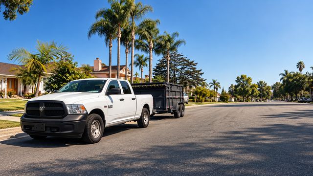 White truck and black 777 Junk Removal dump trailer on a palm-lined street